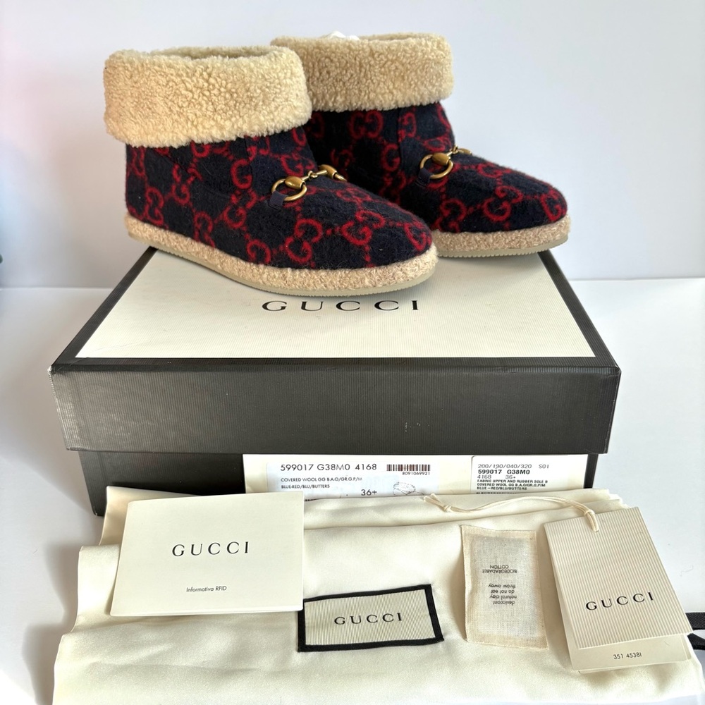 GUCCI FRIA GG Logo Wool Shearling  Horsebit Ankle Boots 6.5